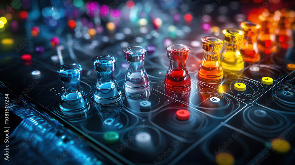 Poster vibrant board game scene featuring colorful game pieces arranged in row, showcasing mix of transpare