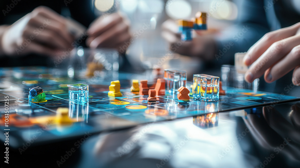 Poster board game with colorful pieces and players engaged in strategy, showcasing vibrant game elements an