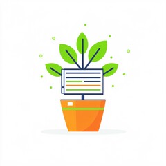 2408_067.A simple vector icon illustration depicting of foundation grant check forming  potted tree, representing  philanthropic giving, at center for a website isolated white background