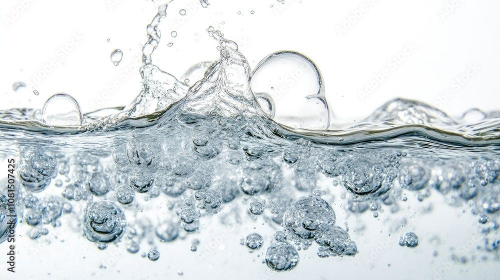 Poster transparent bubbles in water, suspended on a clear background, creating a refreshing and pure visual