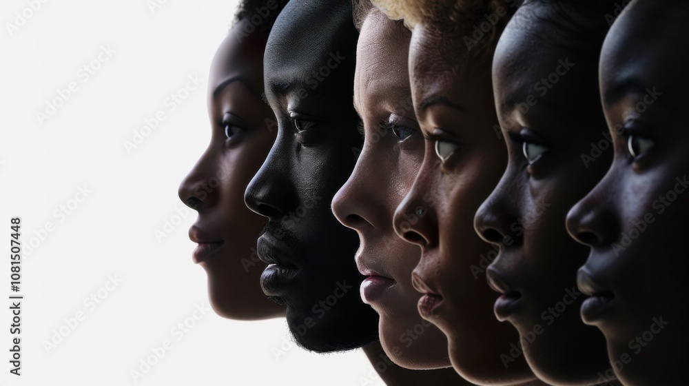 Poster A powerful visual of equal representation, showing a row of diverse faces in profile, each equally lit and framed