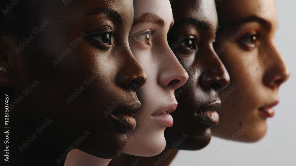 Poster A powerful visual of equal representation, showing a row of diverse faces in profile, each equally lit and framed