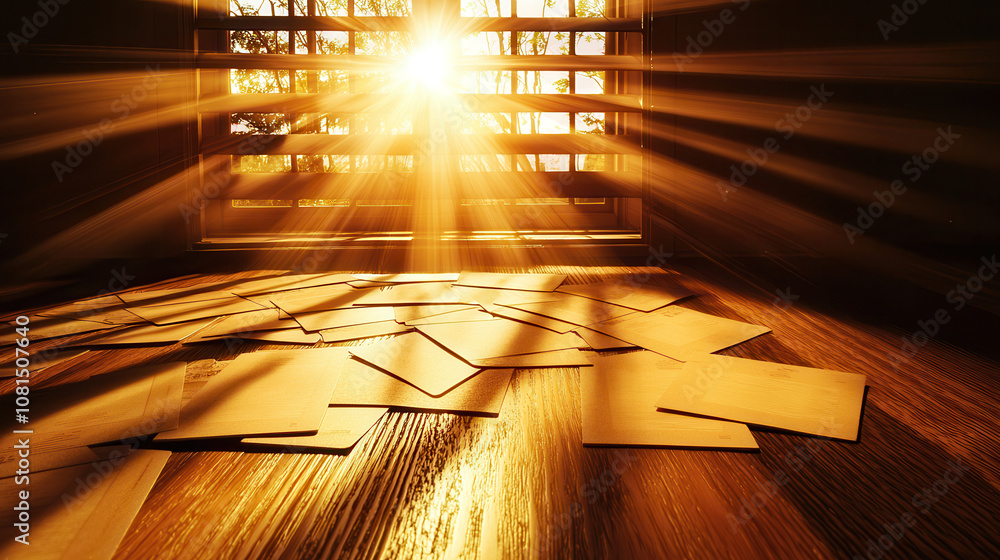 Poster sunlight streaming through slatted window blinds onto scattered papers, creating warm and inviting a