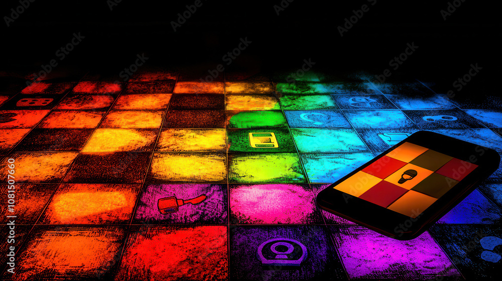Poster vibrant board game layout featuring colorful tiles and smartphone. tiles display various icons, crea