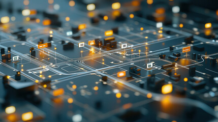 Digital city map with illuminated pathways and icons representing various locations, showcasing modern urban landscape
