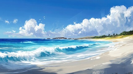 Vibrant waves flow toward a serene beach, blue skies above perfect for travel themes
