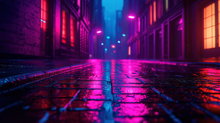 vibrant cyberpunk city street at night, illuminated by neon lights reflecting on wet cobblestones, creating moody atmosphere