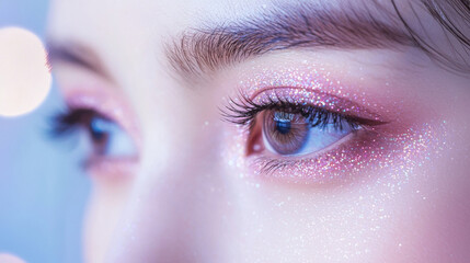 Beautiful young asian woman with long eyelashes extensions pink glitter eyeshadow makeup red lips fashion closeup background. cosmetic beauty product spa salon banner poster wallpaper 