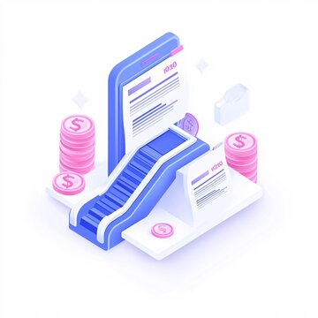 2408_050.A simple vector icon illustration depicting of printed 401k statement forming  toy escalator, representing  employer-sponsored savings, at center for a website isolated white background