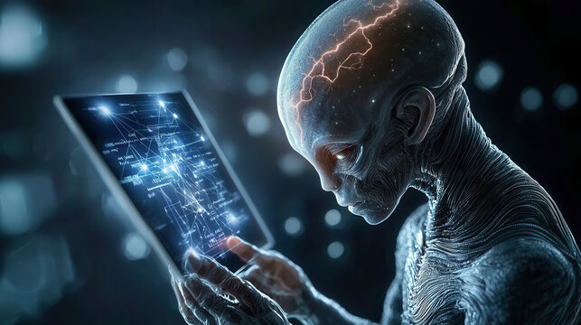 Extraterrestrial being with glowing head, analyzing data on tablet, showcasing advanced technology and intelligence in futuristic setting