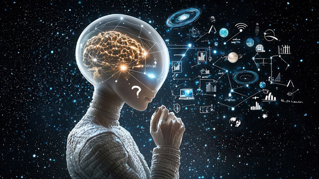 Extraterrestrial being with glowing brain, pondering cosmic mysteries and data visualizations in starry universe. blend of science and imagination