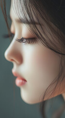 Fototapeta premium Beautiful young asian woman with long eyelashes extensions pink glitter eyeshadow makeup red lips fashion closeup background. cosmetic beauty product spa salon banner poster wallpaper 