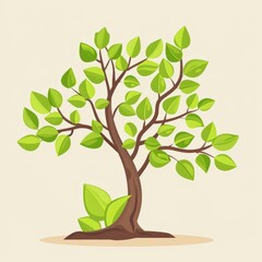 Cartoon Style Tree with Vibrant Green Leaves and Light Brown Trunk, Perfect for Nature or Environmental Concepts in Illustrations and Designs