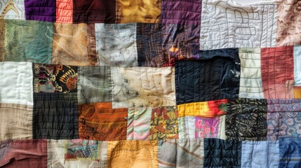 A quilt of belonging, showcasing patches of different fabrics and textures sewn together against a monochromatic backdrop, photography style