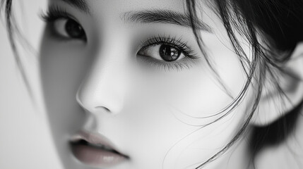 Fototapeta premium Beautiful young asian woman with long eyelashes extensions pink glitter eyeshadow makeup red lips fashion closeup background. cosmetic beauty product spa salon banner poster wallpaper 