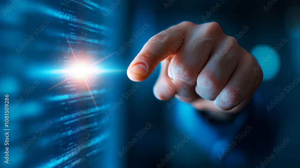 Poster human finger touching digital screen creating light effect and data streams in a technological envir
