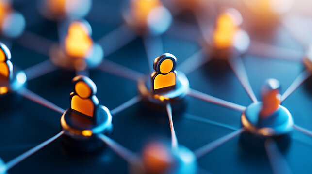 Abstract digital network with glowing user icons connected by lines symbolizing social interaction and communication in a modern technological environment - Powered by Adobe