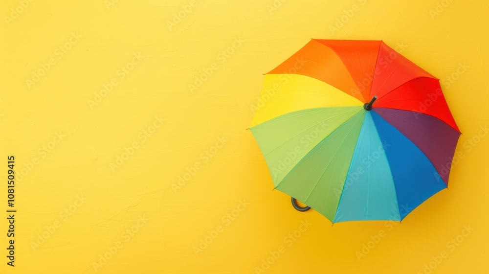 Poster a rainbow-colored umbrella on a solid yellow background representing protection and diversity, empha