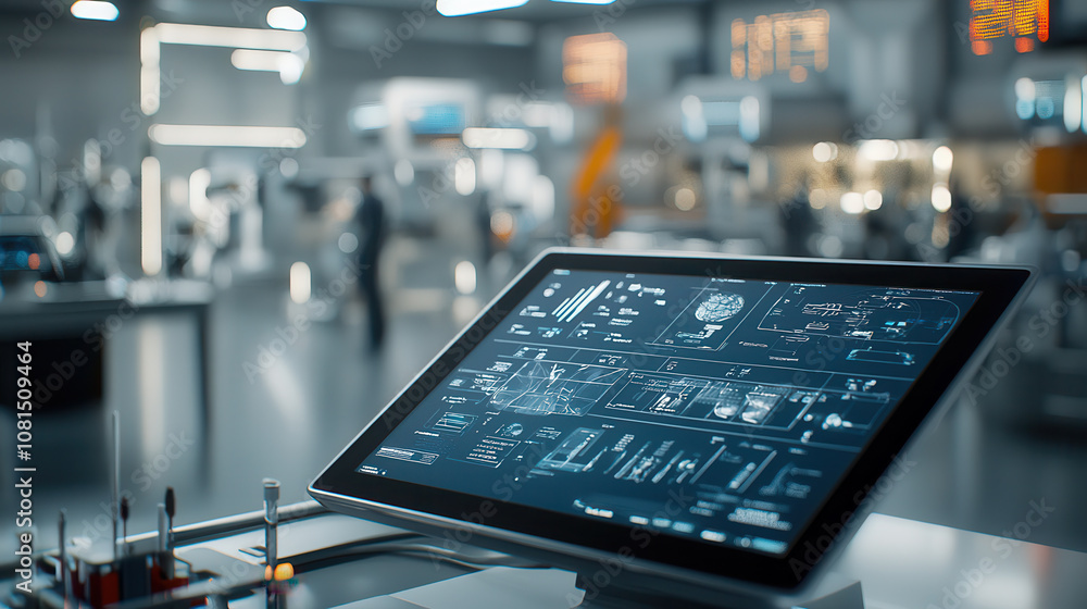 Poster modern office desk with digital tablet displaying technical data, showcasing high tech workspace atm