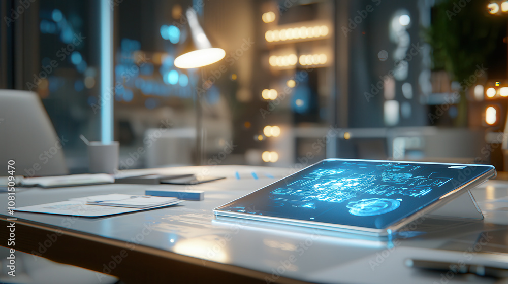 Poster modern office desk with transparent tablet displaying digital data, illuminated by warm light. sleek