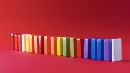 Obraz premium A row of colorful dominoes standing on a solid red background representing diversity and interdependence, Highlighting the chain reaction created by diverse individuals, minimalistic style
