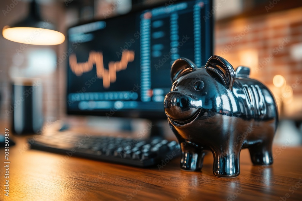 Poster a black piggy bank sits on a desk in front of a computer monitor displaying a stock market graph.