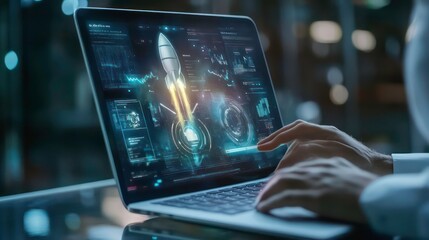 For a fast start up business, a businessman uses a laptop with a virtual screen of the rocket icon and up arrow. This is a concept of strategic planning and a successful business.