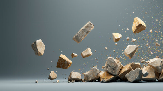 Rocks and rubble falling against gray background, creating dynamic scene of motion and impact. scattered debris adds sense of chaos and energy