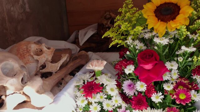 Interior of cemetery ossuary at Pomuch Campeche Mexico during Dia de los muertos Day of the death