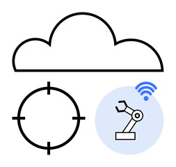 Cloud computing icon over target focus and robotic arm with wireless signal symbolizing technology integration. Ideal for industry 4.0, automation, IoT, data cloud, AI, smart manufacturing, tech
