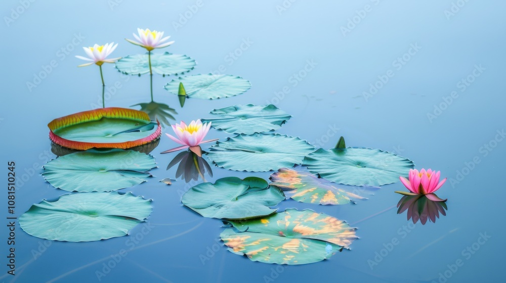 Aufkleber A serene scene of a tranquil lake with different colored lily pads and flowers floating on its surface, Symbolizing the peaceful coexistence and beauty of diverse identities coming together