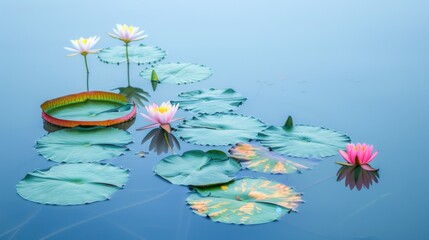 A serene scene of a tranquil lake with different colored lily pads and flowers floating on its surface, Symbolizing the peaceful coexistence and beauty of diverse identities coming together