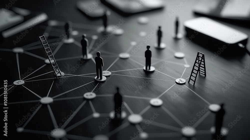 Poster top view of network with miniature figures and ladders, symbolizing connection and growth. scene evo