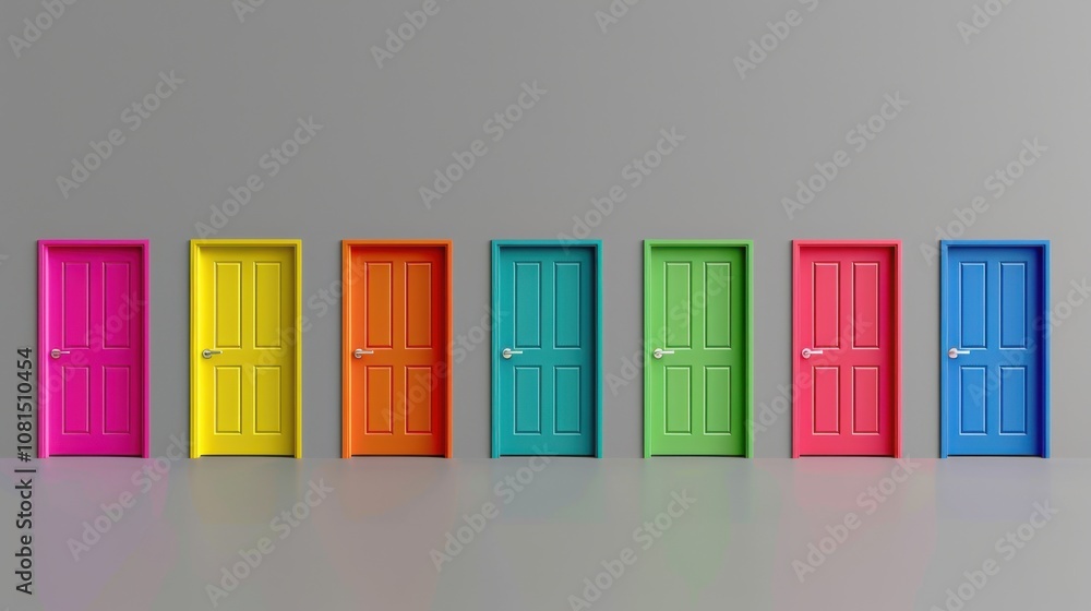 Poster a series of brightly colored doors on a solid gray background representing access and inclusion, emp