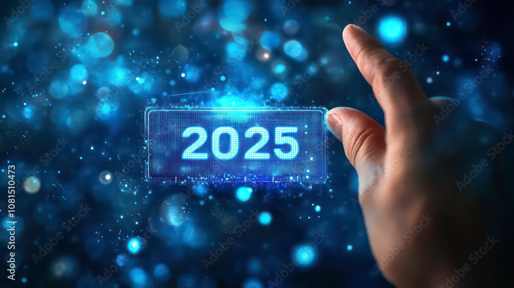 Poster a hand reaching out to touch a glowing digital button with the year 2025 displayed on it.