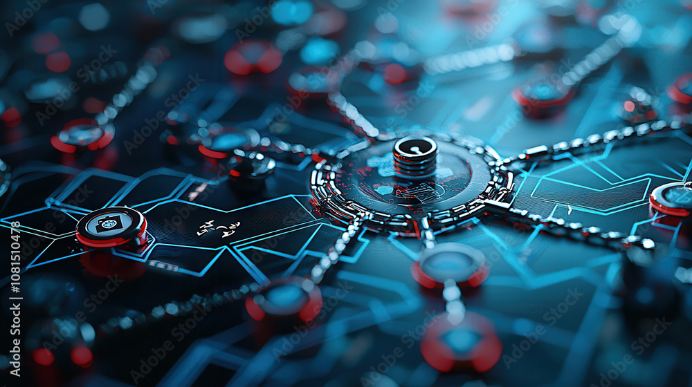 Poster futuristic digital network with interconnected nodes and glowing elements, showcasing technology and