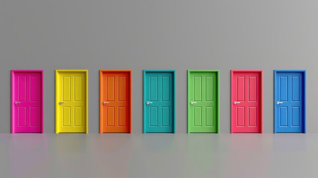 A series of brightly colored doors on a solid gray background representing access and inclusion, Emphasizing the open opportunities for all individuals, minimalistic style