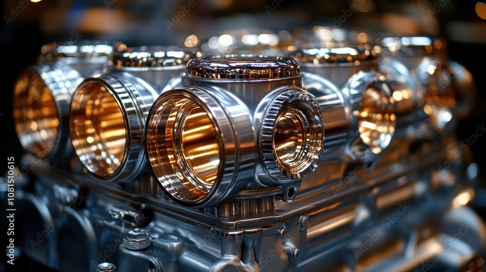 Aufkleber closeup of a shiny engine block with polished cylinders.