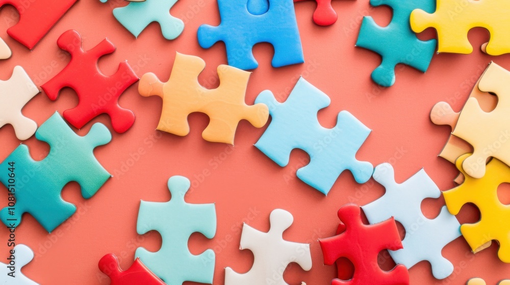 Poster a series of colorful, interconnected puzzle pieces against a solid background, symbolizing the conce