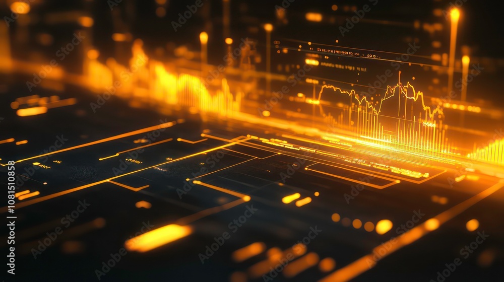 Poster financial chart interface with glowing yellow line graph and data points on a dark background. conce