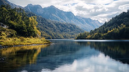Fototapeta premium Tranquil mountain lake with crystal clear blue water and dramatic peak reflections