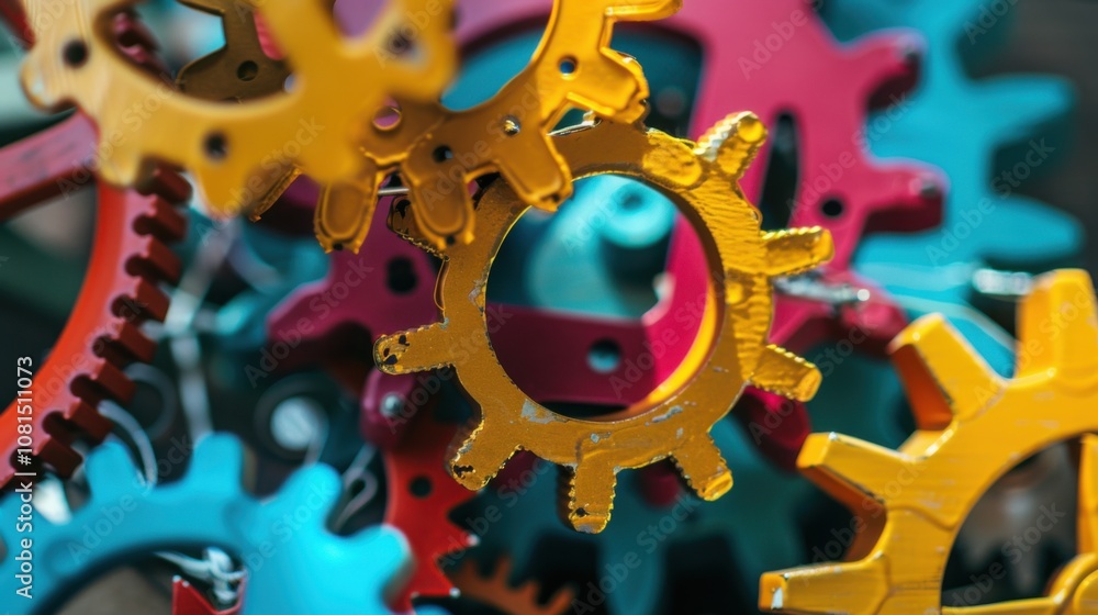 Poster a series of interconnected gears in different colors and sizes, depicting the collaborative mechanis