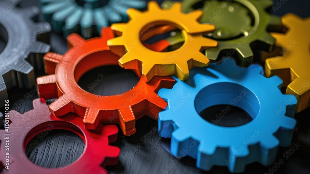 Aufkleber A series of interconnected gears in different colors and sizes, Depicting the collaborative mechanisms of equity and fairness, photography style