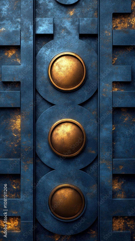 Poster abstract design featuring three circular elements on a textured background.