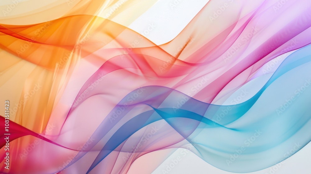 Poster A series of overlapping translucent waves in a spectrum of colors, symbolizing the blending and harmony of diverse experiences and viewpoints, minimalist style