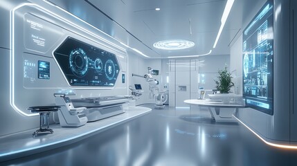 Futuristic medical examination room with high-tech equipment, screens, and a robotic arm.