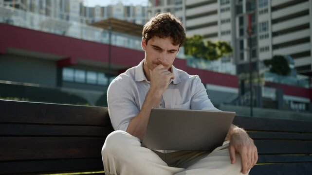 Caucasian thoughtful man thinking working laptop computer freelancer male guy businessman business city technology pensive task problem solution online typing busy employer outside entrepreneur ponder