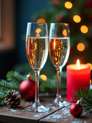 Two glasses of champagne, candle and Christmas decor with balls, fir branches and cones on a festive table against a background with bokeh, copy space. Happy New Year