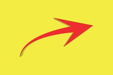 red curved arrow on bright yellow background, minimalist design, modern graphic illustration for direction, progress, navigation, business concept, bold red arrow symbol with shadow effect