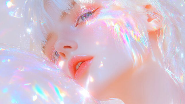 3D illustration for angel god godness painting with glossy holographic texture glass futuristic solarpunk fashion sense background. nouveau aesthetic tarot card beautiful colorful rainbow wallpaper